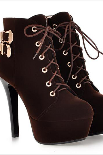 Sexy Brown Lace Up High Heels Ankle Boots