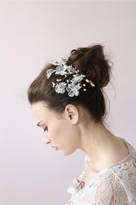 Wedding Bridal Crystal Pearl Lace White Flower Headband Hair Accessories Tiara A13