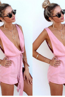 Summer Dress Sexy Deep V-neck Low-cut Behind Open Fork Lace-up Jumpsuits Ty